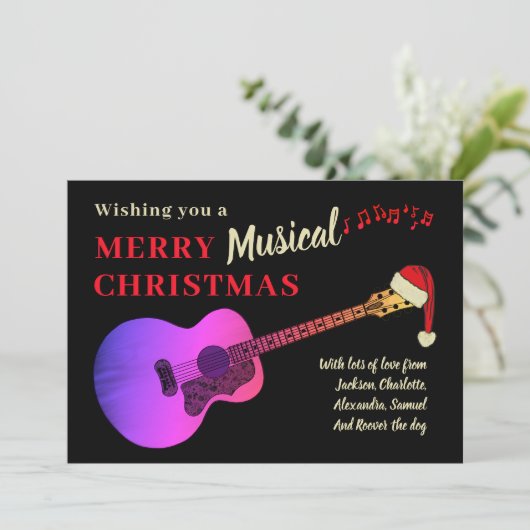 Kerst akoestische gitaar zwart en roze feestdagenkaart (Staand voorkant)