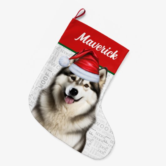 Kerst Alaskan Malamute Naam Woof Achtergrond Grote Kerstsok (Voorkant (Hangend))