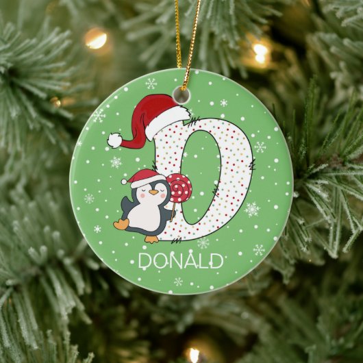 Kerst alfabet D Santa Hat Penguin Sneeuwvlok Keramisch Ornament (Boom)