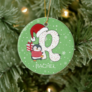 Kerst Alfabet R Kerstmannetje Hoed Pinguïn Sneeuwv Keramisch Ornament