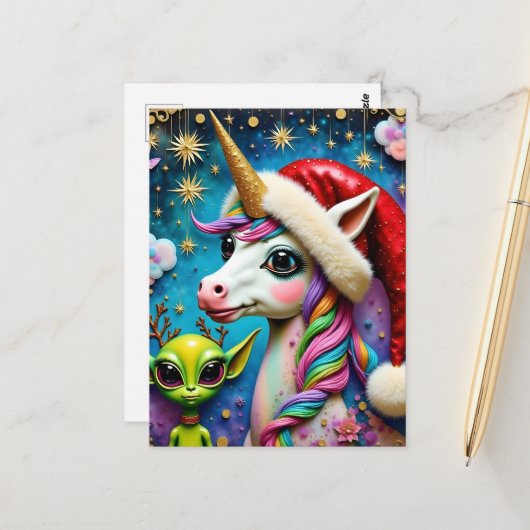 Kerst Alien en Unicorn Briefkaart (Voorkant / Achterkant in situ)