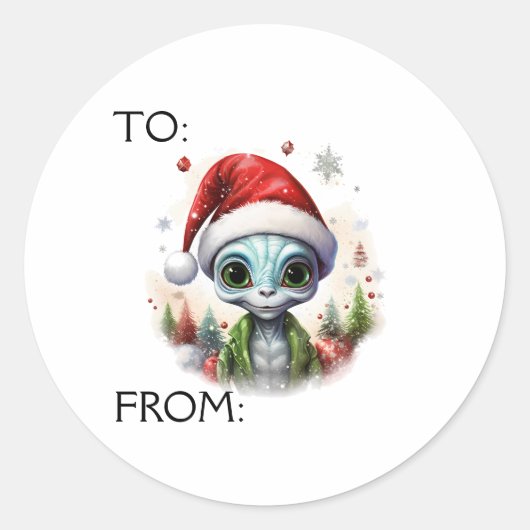 Kerst Alien Gift aan Van Ronde Sticker (Voorkant)