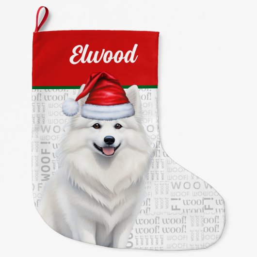 Kerst Amerikaanse Eskimo Hondennaam Woof Grote Kerstsok (Voorkant)