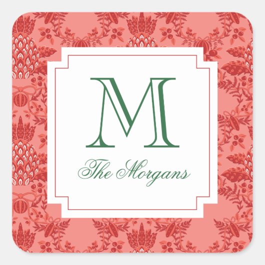 Kerst Ananas Ornamenten Monogram Cadeau Vierkante Sticker (Voorkant)