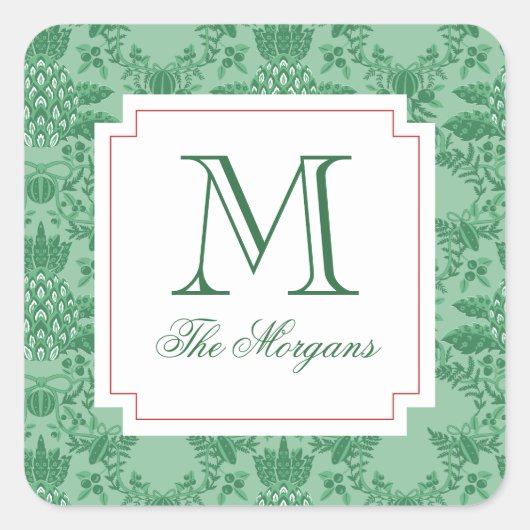 Kerst Ananas Ornamenten Monogram Cadeau Vierkante Sticker (Voorkant)