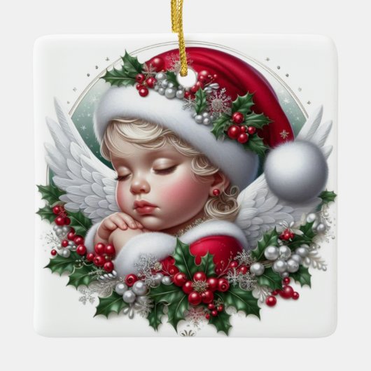 Kerst Angel en Holly Keramisch Ornament (Voorkant)