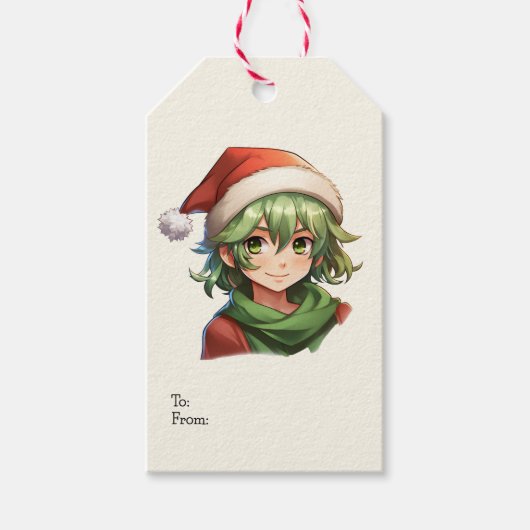 Kerst Anime Elf Portret Cadeaulabel (Voorkant)