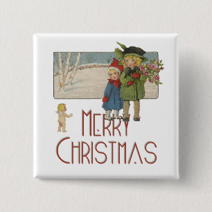 Kerst Antiek Kinderen Illustratie 1920 Vierkante Button 5,1 Cm