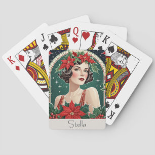 Kerst Art Deco Geïnspireerd Portret Dame Retro Pokerkaarten