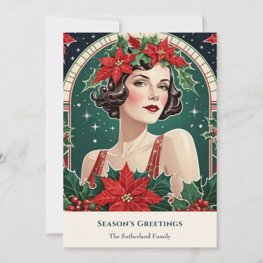 Kerst Art Deco geïnspireerd Portret Lady Retro Feestdagenkaart (Voorkant)