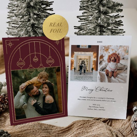 Kerst Art Deco Line Art Bourgondië Foto Goud Folie Feestdagenkaart