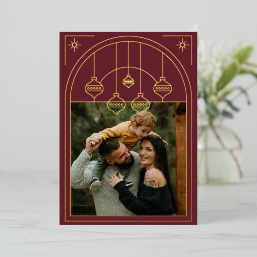 Kerst Art Deco Line Art Bourgondië Foto Goud Folie Feestdagenkaart (Staand Voorkant)