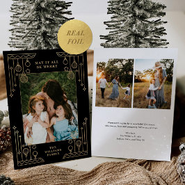 Kerst Art Deco Line Art Foto Zwart Goud Folie Feestdagenkaart