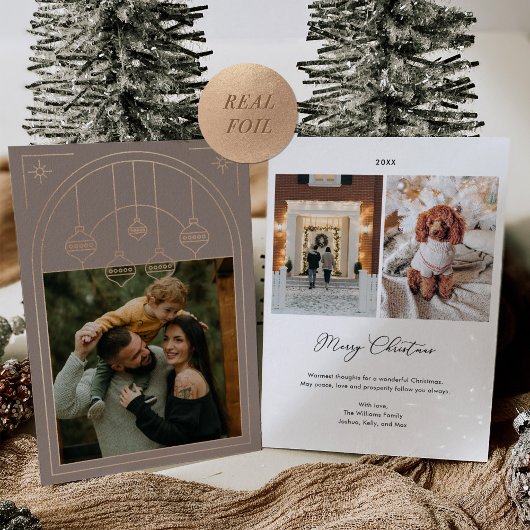 Kerst Art Deco Line Art Taupe Foto Roos Goud Folie Feestdagenkaart