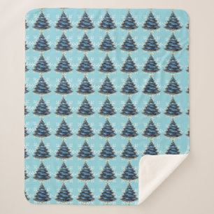 Kerst Artistiek Blauw Gouden Boom Sneeuwvlokken Sherpa Deken