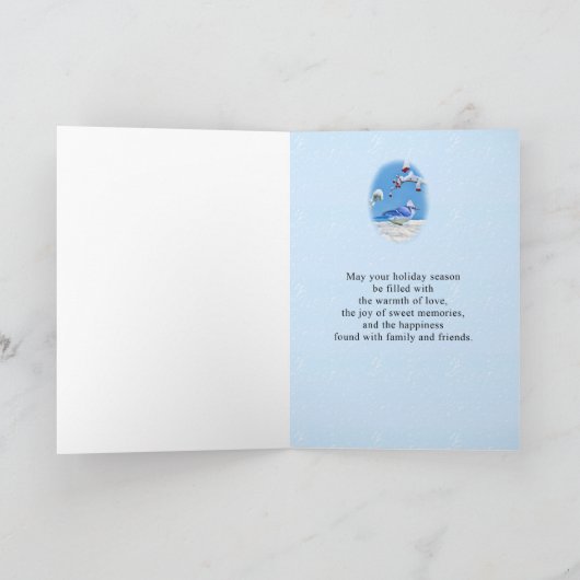Kerst, baas, blauwe vogel en sneeuw feestdagen kaart (Binnen)