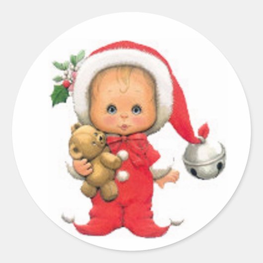Kerst Baby Elf en Teddy Ronde Sticker (Voorkant)