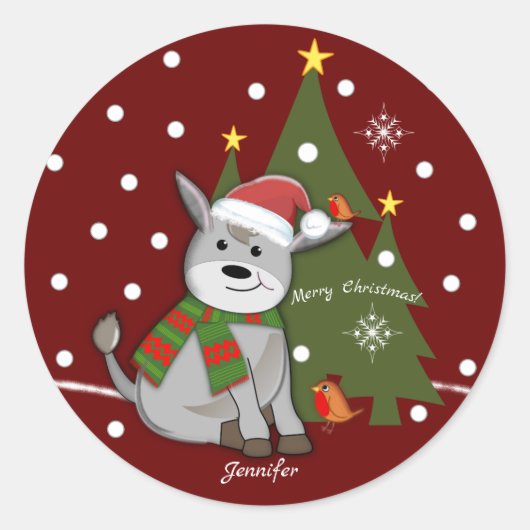 Kerst baby ezel en aangepaste tekst / naam ronde sticker (Voorkant)