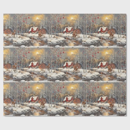 Kerst Baby Fawn Winter Red Cottage Cadeaupapier (Vlak)