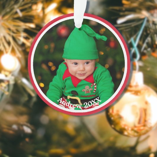 Kerst Baby Foto op Rood Ornament
