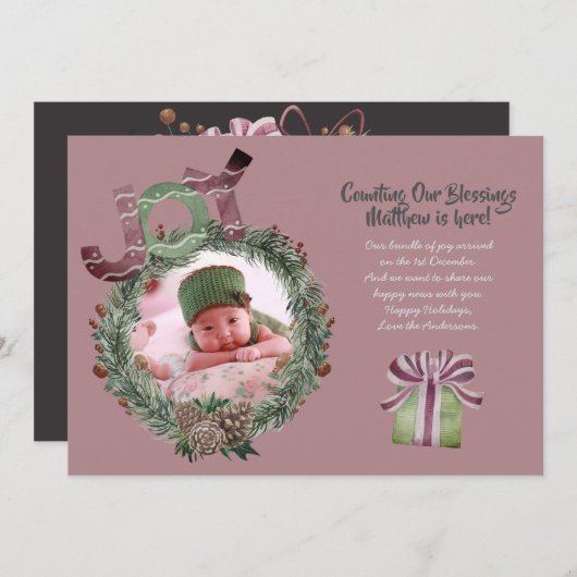 Kerst Baby Geboorteaankondiging Mauve Feestdagenkaart (Voorkant / Achterkant)