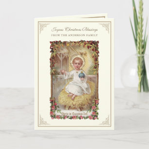 Kerst Baby Jesus Poinsettias Rozenkrans Feestdagen Kaart