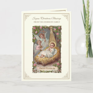 Kerst Baby Jezus Engelen Poinsettia's Feestdagen Kaart