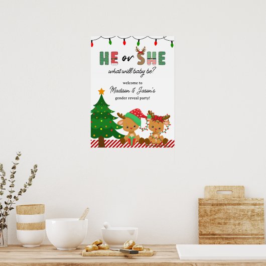 Kerst Baby Rendieren Geslacht onthullen Welkomstbo Poster (Keuken)