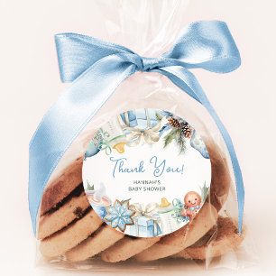 Kerst Baby shower Blauw Dank u gunst Ronde Sticker