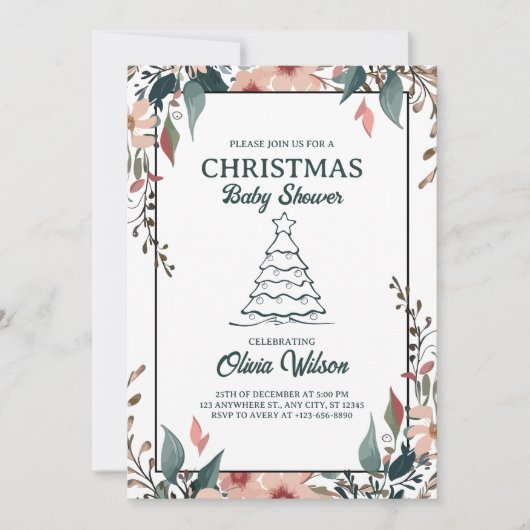 Kerst Baby shower Bloemenuitnodiging Wit Roze Kaart (Voorkant)