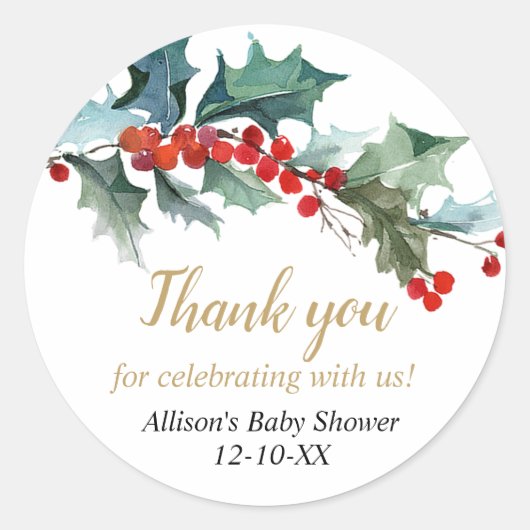 Kerst baby shower groen holly rood goud ronde sticker (Voorkant)