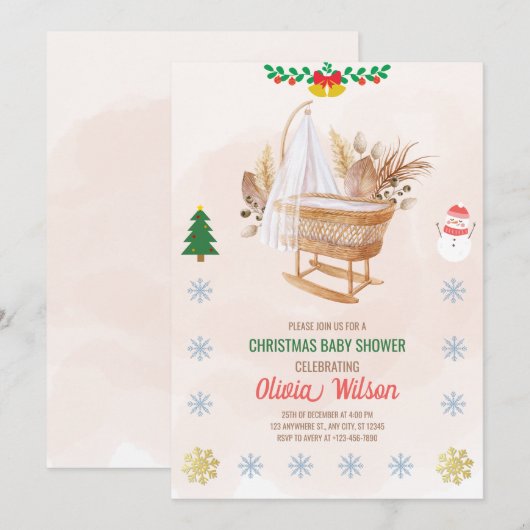 Kerst Baby shower Invitation Beige en Bruin Kaart (Voorkant / Achterkant)