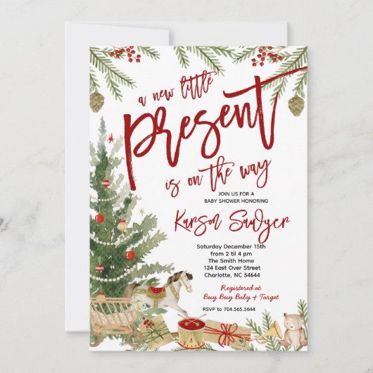 Kerst Baby shower Invitation, Nieuw Cadeau Kaart (Voorkant)