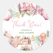 Kerst Baby shower Roze Dank u Favor Ronde Sticker (Voorkant)