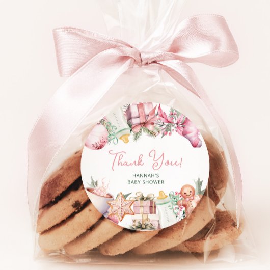 Kerst Baby shower Roze Dank u Favor Ronde Sticker