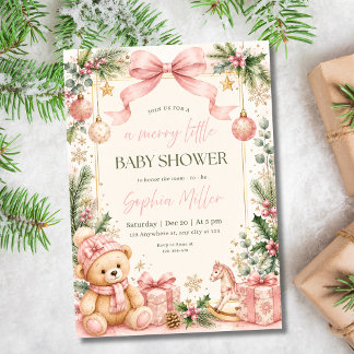 Kerst Baby Shower Roze Meisje Teddybeer Winter Kaart