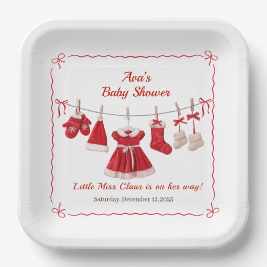 kerst-Baby shower | Santa Kleding Rood & Wit Papieren Bordje (Voorkant)