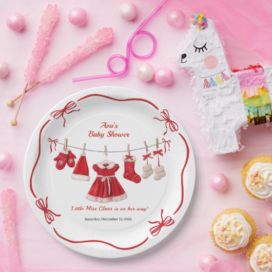 kerst-Baby shower | Santa Kleding Rood & Wit Papieren Bordje (Feest)