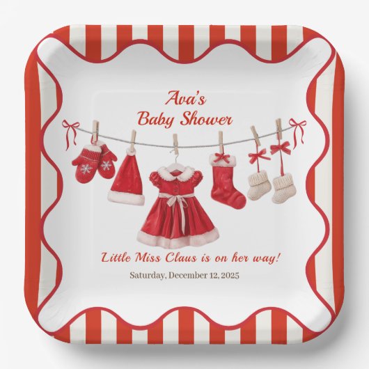 kerst-Baby shower | Santa Kleding Rood & Wit Papieren Bordje (Voorkant)