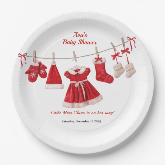 kerst-Baby shower | Santa Kleding Rood & Wit Papieren Bordje (Voorkant)