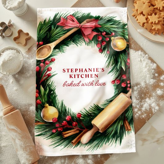 Kerst bakken krans gepersonaliseerde vakantie theedoek
