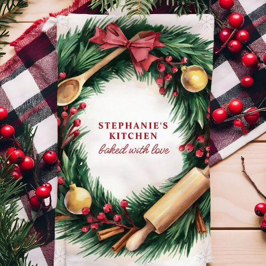Kerst bakken krans gepersonaliseerde vakantie theedoek
