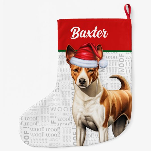 Kerst Basenji Hond Naam Woof Grote Kerstsok (Achterkant)