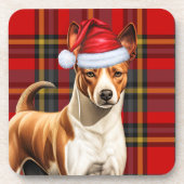 Kerst Basenji Hond Rood en Groen Geplakt Vakantie Bier Onderzetter (Voorkant)