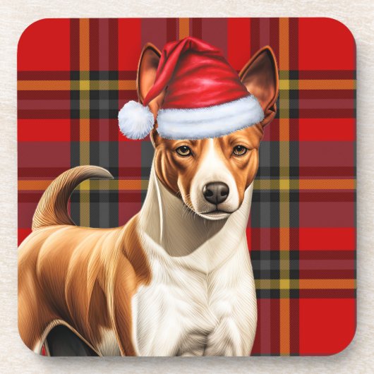 Kerst Basenji Hond Rood en Groen Geplakt Vakantie Bier Onderzetter (Voorkant)