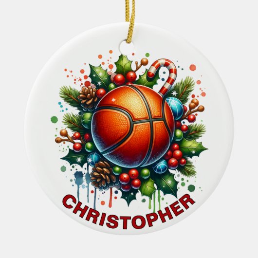 Kerst Basketbal Custom Name Keramisch Ornament (Voorkant)