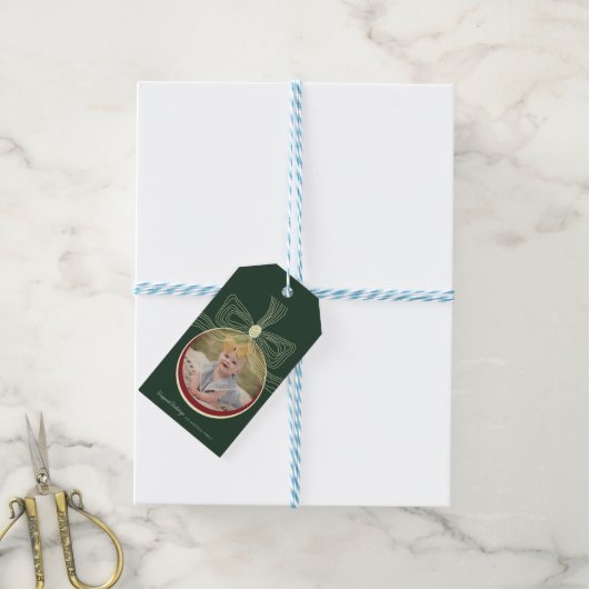Kerst Bauble & Bow Groen Rood Foto Cadeaulabel (Met Touw)
