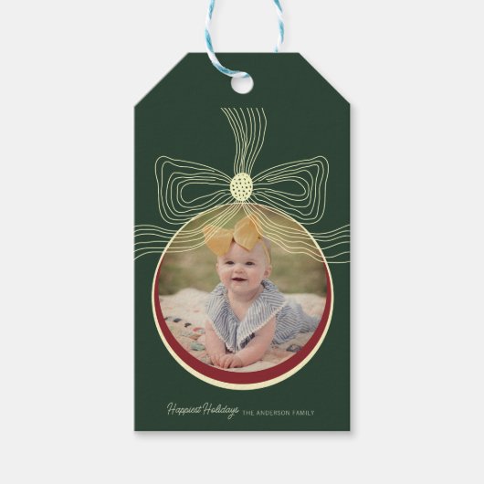 Kerst Bauble & Bow Groen Rood Foto Cadeaulabel (Voorkant)