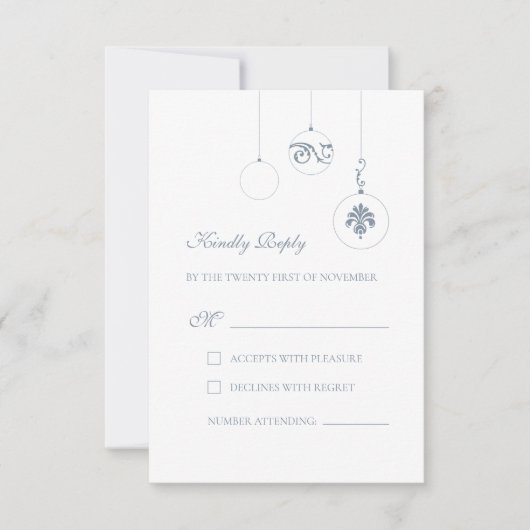 Kerst Bauble Ornamenten Ice Blue Bruiloft RSVP Kaartje (Voorkant)
