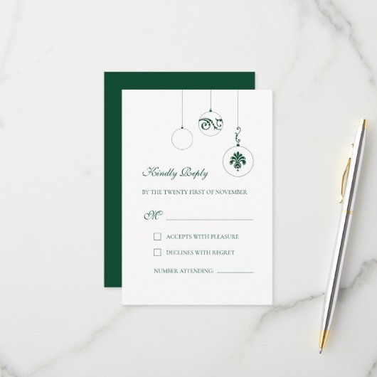 Kerst Bauble Ornamenten Winter Groene Bruiloft RSVP Kaartje (Voorkant / Achterkant in situ)